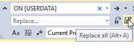 The Find and Replace fields display. The find field text is "ON (USERDATA), and the replace field is empty.